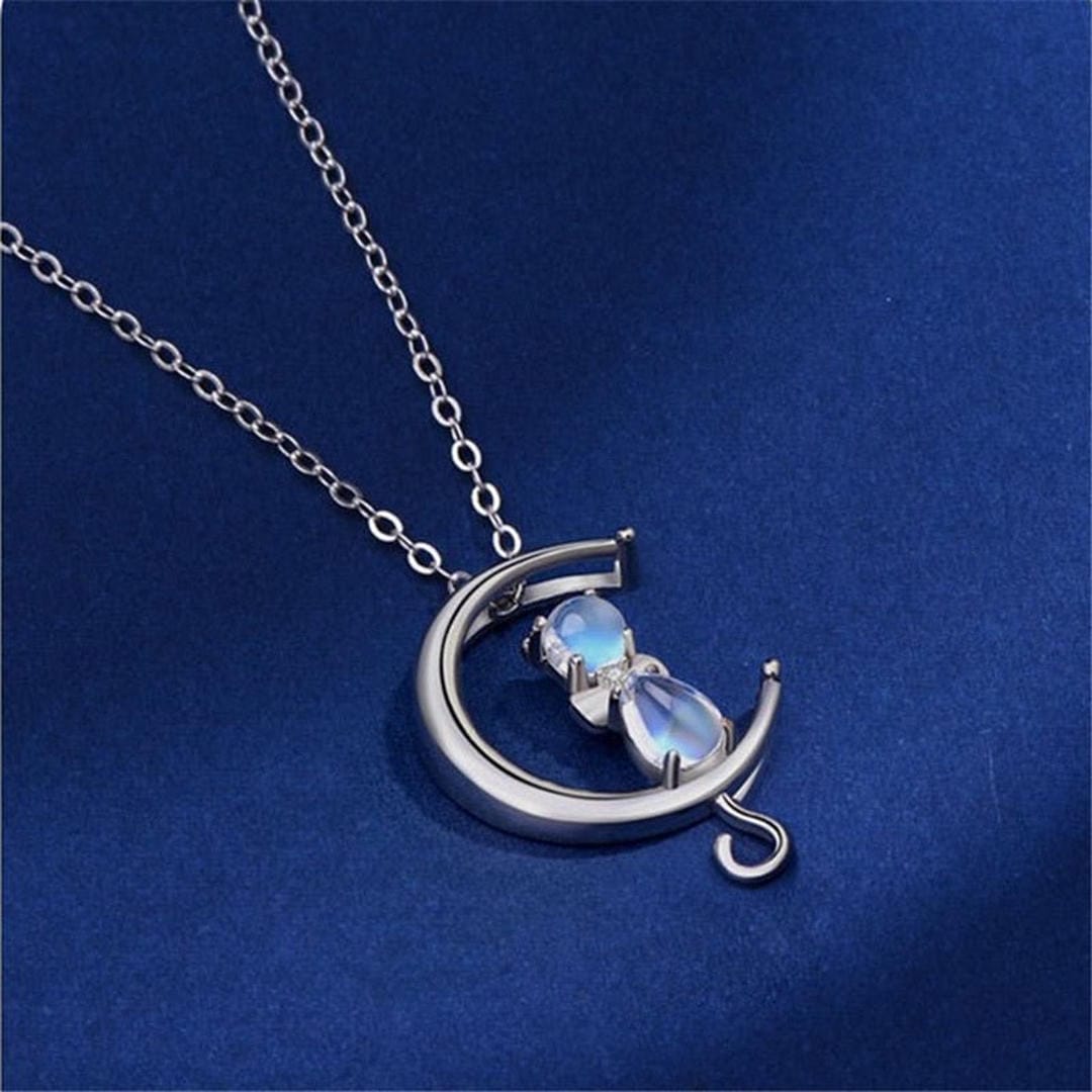 Collar de Piedra Lunar con Gato y Media Luna