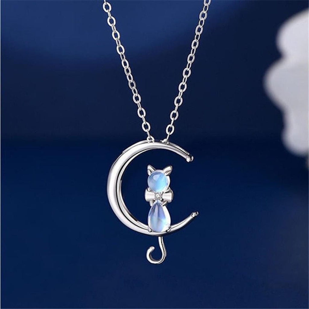 Collar de Piedra Lunar con Gato y Media Luna