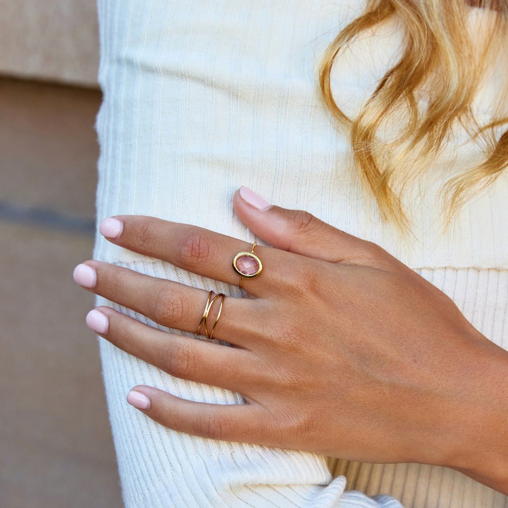 Fotografía del anillo dorado con cristal rosa