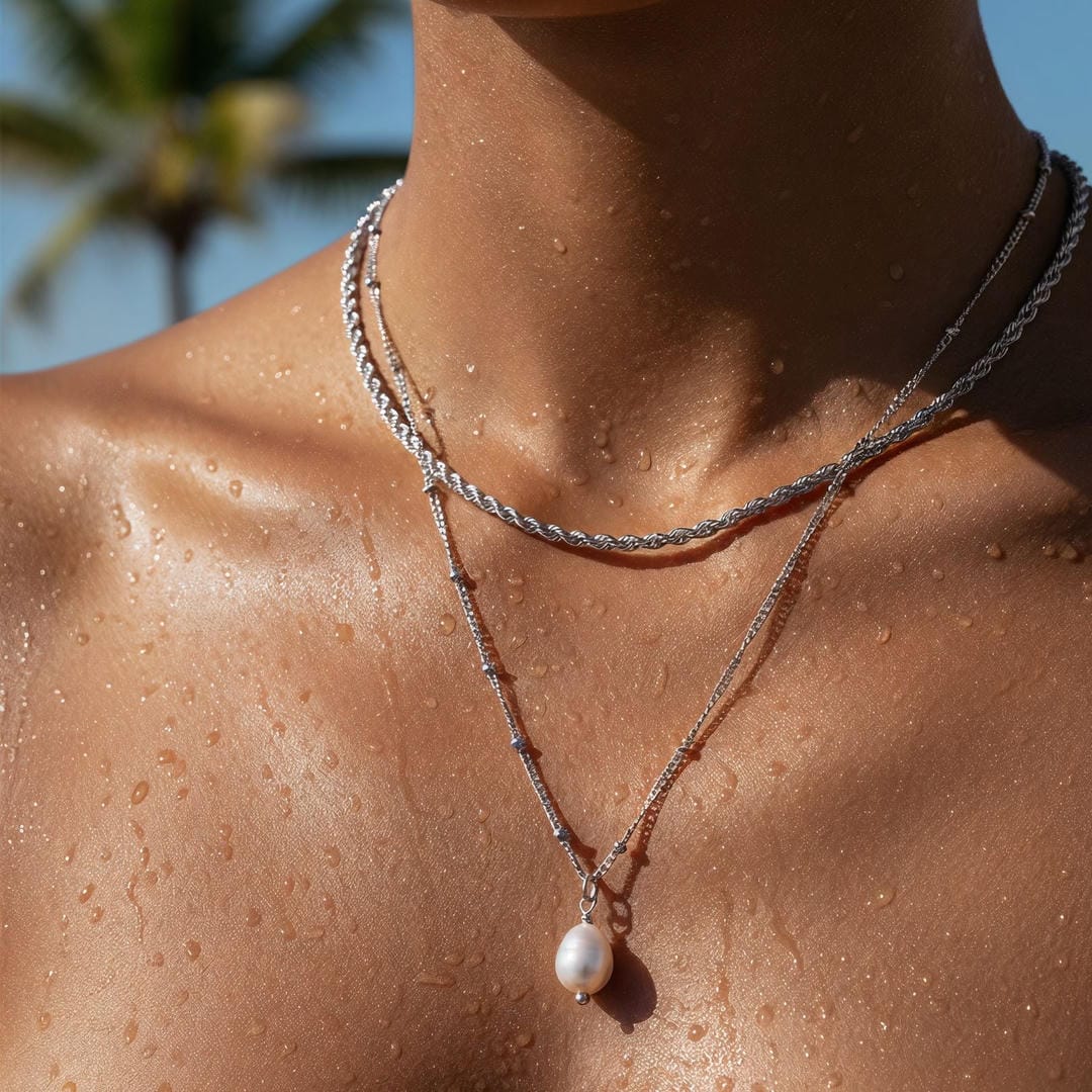 Collar con dije de perla y cadena de cuerda